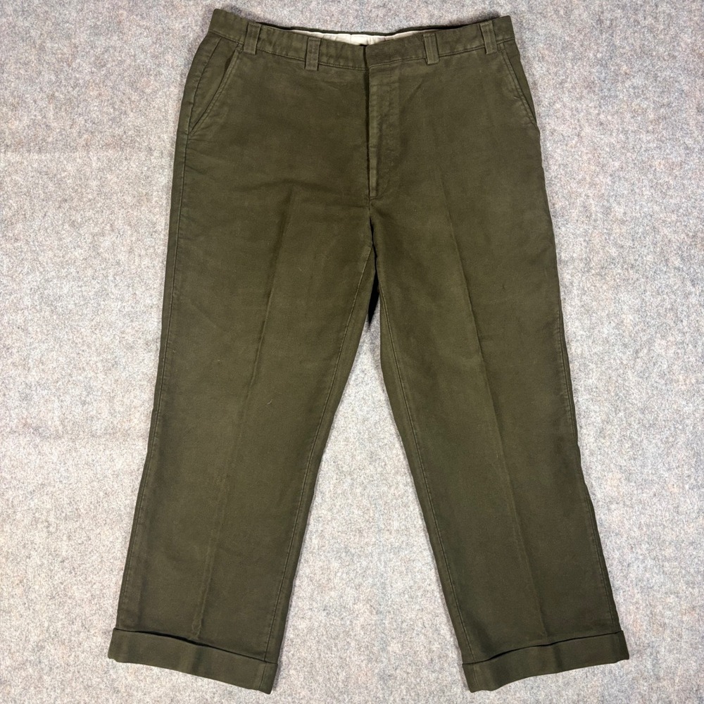 Orvis Chino Pants Mens 36 Olive Green Cuffed Flat Front Cotton USA Made Cotton *